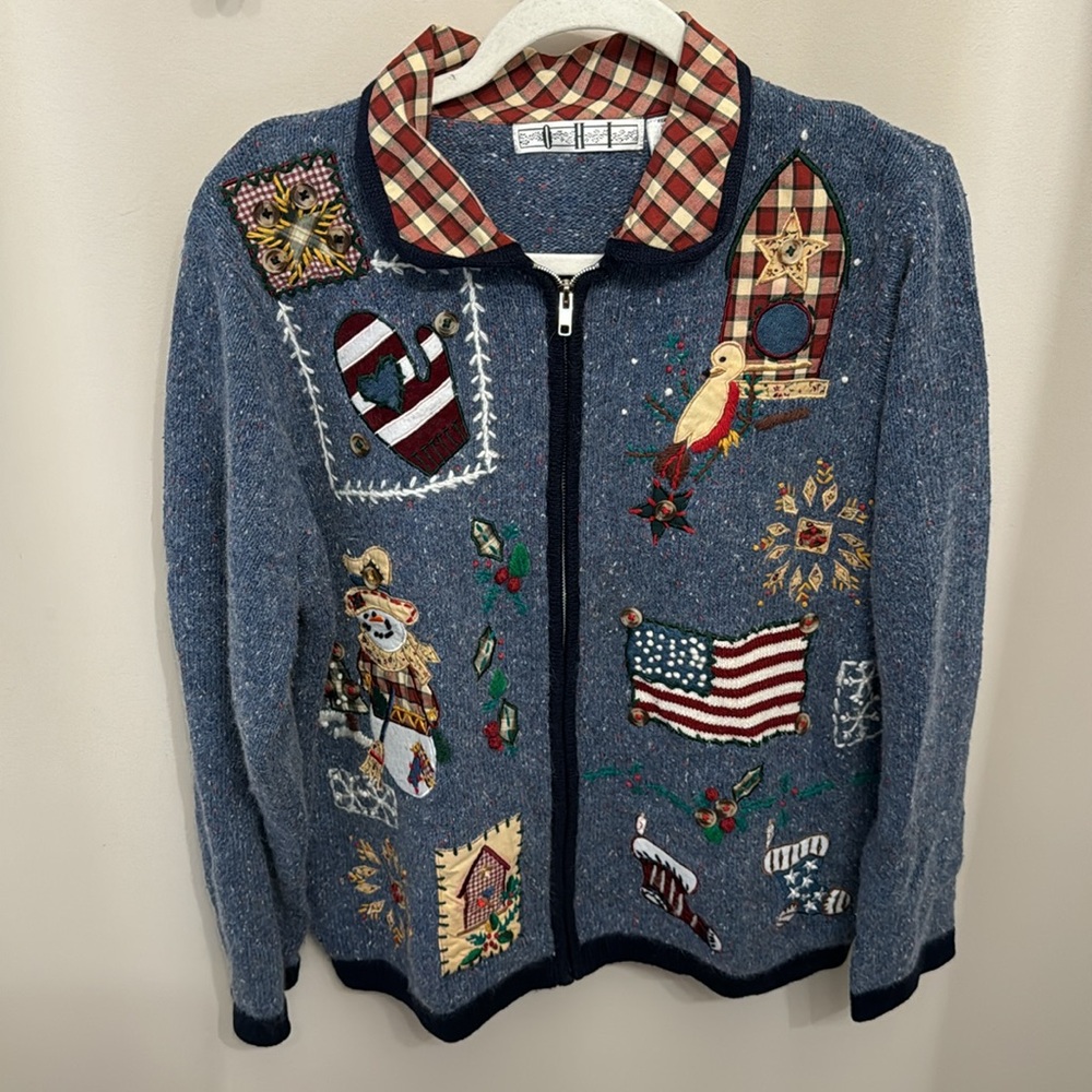 OHI Vintage All Seasons Country Patchwork Multi Colored Knit Zip Up Cardigan L